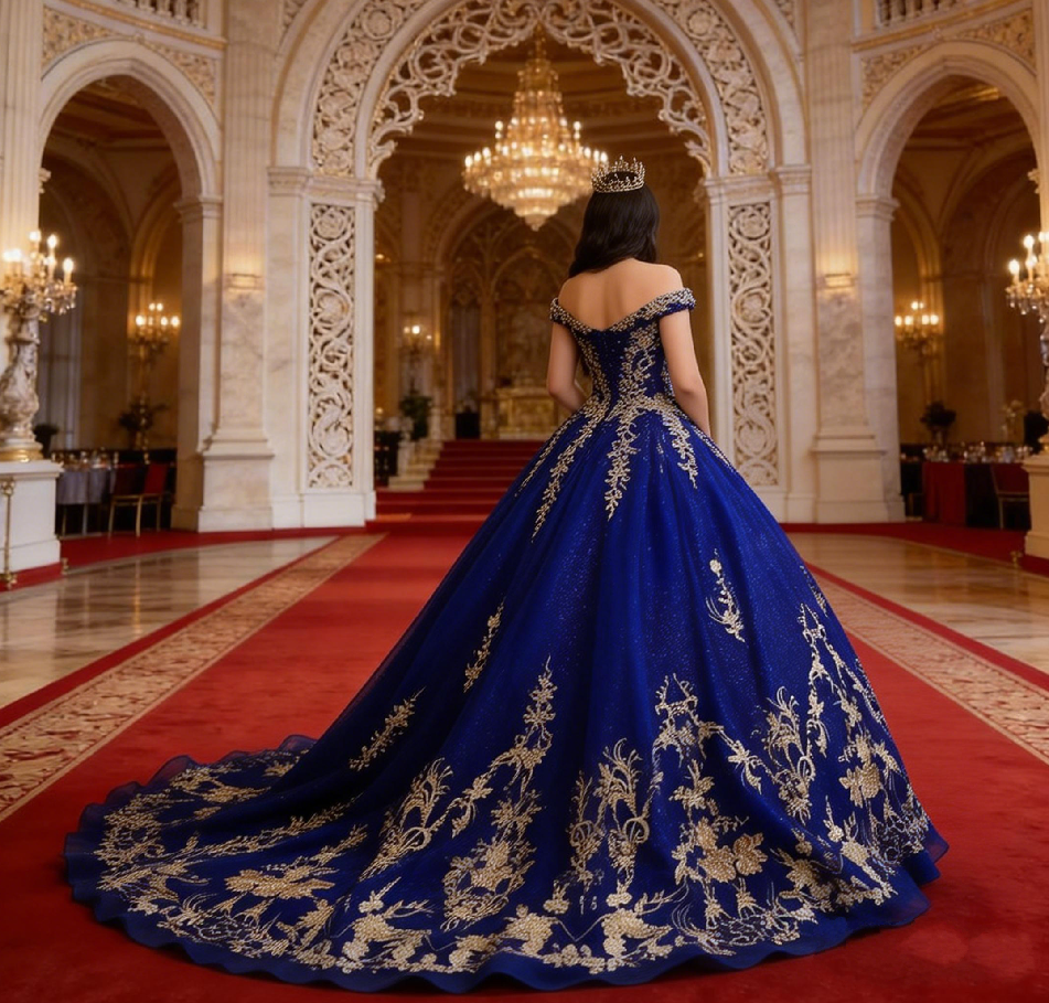 Royal Blue Ball Gown Quinceanera Dress Elegant Graduation Dinner Chapel Train Evening Dress with Gold Embroidery