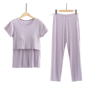 T-<span class=keywords><strong>Shirt</strong></span> à manches courtes et pantalon Long, ensemble de maternité, vêtements de maison décontractés pour femmes enceintes d'été, vêtements d'allaitement, vente en gros - Product Image 5
