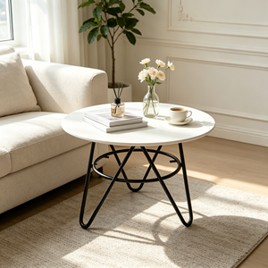 Table basse ronde moderne, plateau blanc lisse, base en fil métallique noir, table de salon, table de centre pour canapé, meubles pour la maison et l'hôtel - Product Image 5