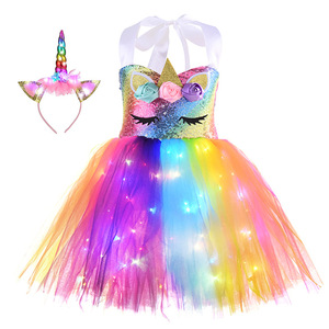 Vestito da Principessa di Halloween per Bambine, Abito Tutu con <span class=keywords><strong>Unicorno</strong></span> e Fiori, Costume per Spettacoli con Accessori per la Testa - Product Image 1