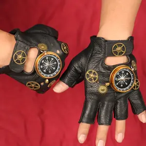 Steampunk पु चमड़े Fingerless कम्पास दस्ताने पुरुषों महिलाओं के फैशन हिप हॉप गुंडा दस्ताने आधा उंगली दस्ताने