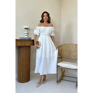 Vestido blanco de lino con hombros descubiertos, cintura elástica, ajuste holgado, transpirable, informal, para uso diario, tela tejida, estilo sencillo - Product Image 5
