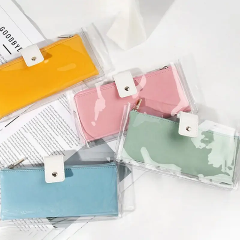 Bolsa de almacenamiento de PVC transparente con bolsa de cosméticos de cuero PU para mujer, bolsos de mano elegantes de plástico portátiles