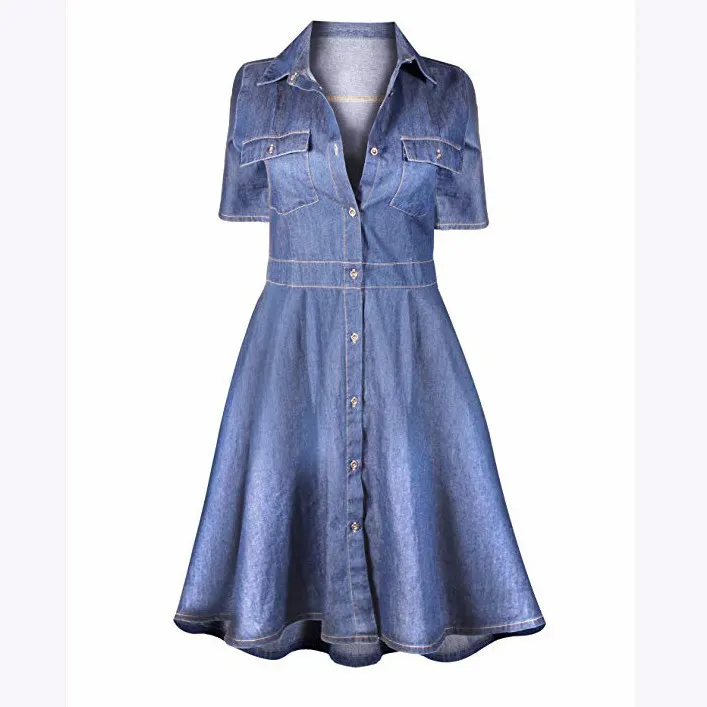 Phụ Nữ Denim Đầu Gối Chiều Dài Mô Trang Bị Ăn Mặc Ngắn Tay Áo Giản Dị Dresses OEM Dịch Vụ Người Lớn Một Mảnh Ăn Mặc Thẳng Dệt Kim