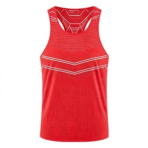 GURUNA-Z-INDUSTRY Men's <b>Red</b> Sleeveless Tank <b>Top</b> Crew Neck Geometric Print Breathable Knitted 100% Cotton Embroidery Sporty - Product Image 3