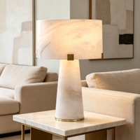 Lampe de table cylindrique en marbre et albâtre, base conique en pierre, pinces en laiton, style européen-américain, intensité variable, CRI 90 élevé pour chambre à coucher
