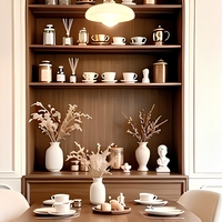 Buffet intégré de luxe discret avec niche cintrée, armoire murale de rangement à texture bois, garde-manger modulaire pour projet de villa