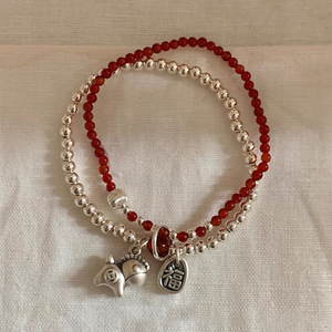 Pulsera de doble capa con colgante de poni de plata de ley S925 con ágata roja para mujer, joyería de uso diario - Product Image 4