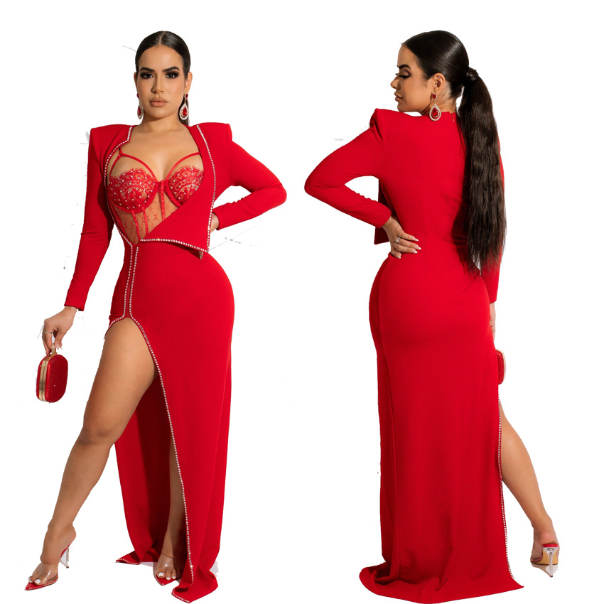 Fashionable Rhinestone Decoration Side Slit Nightclub Dress Long Sleeve Solid Color Bodycon Dress Women Party Dresses