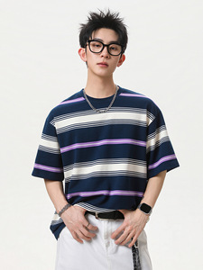 T-Shirt a Righe Stile Americano da Uomo, Manica Corta Oversize, Mezza Manica - Product Image 6