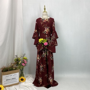 Large Discount Women Dress Pretty Red Three Layers Sleeves With Flowers Print Fashion Muslim Islamic Women <b>Abaya</b> Dress 9071# - Product Image 5