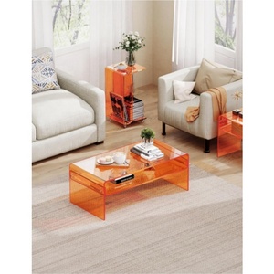 Homary Acrylic End <strong>Table</strong> Round Side <strong>Table</strong> Acrylic <strong>Record</strong> <strong>Player</strong> <strong>Table</strong> with Storage Shelf Clear Side Nightstand (Orange) - Product Image 3