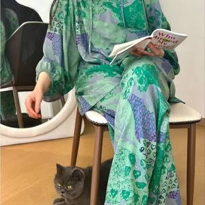 Ensemble <span class=keywords><strong>de</strong></span> Pyjama d'Été Ample et Respirant pour Femme – Taille Élastique, Logo Avant, Manches Longues, Tenue d'Intérieur Décontractée - Product Image 1