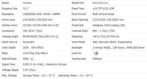 Écran LCD d'origine Innolux 10,1 pouces pour tablette, 1280*800, 350 nits, N101ICG-L11 - Product Image 4