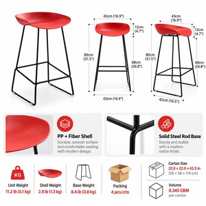 Tabouret de bar moderne en plastique rouge avec structure en métal noir, chaise haute pour bar à domicile, livraison DDP aux États-Unis - Product Image 4