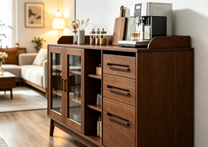 Meuble de salon moderne en bois massif avec portes vitrées, 3 tiroirs, design mid-century, meuble de rangement pour la maison - Product Image 2
