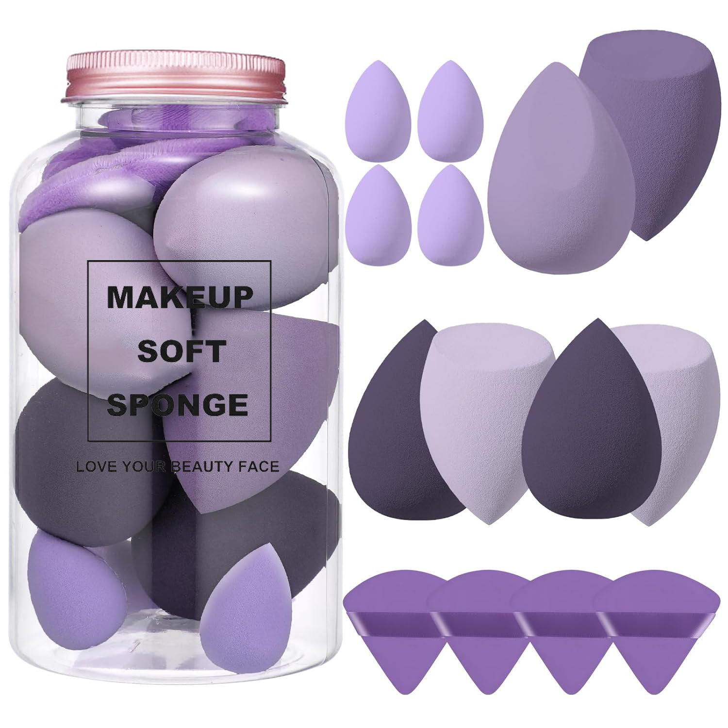 Ensemble d'éponge de maquillage avec logo personnalisé de 14 pièces ensemble d'éponge de maquillage pour fond de teint sans latex rose violet cosmétiques de beauté ensemble d'éponges de maquillage pour le visage avec bouteille