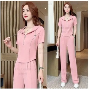 Women's Fashionable Sportswear Set Short Sleeve Wide Leg Pants Casual Two Piece Summer 2025 Zipper Design Slimming Elegant - Product Image 2