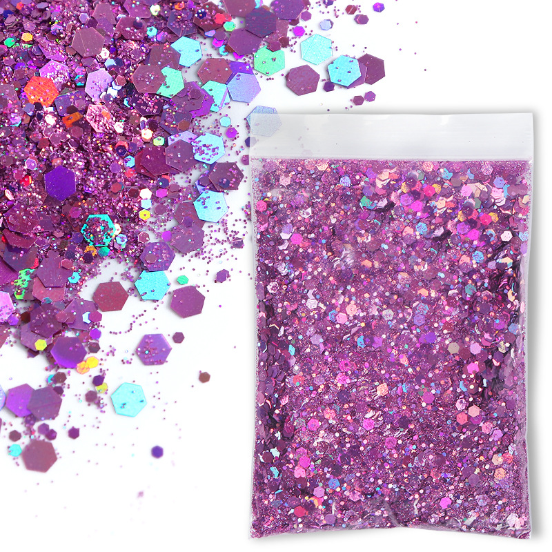Poudre laser mélangée en gros hexagones, 50g en sachet - Laser pêche 16