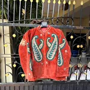 Luxury Red <b>Velvet</b> Embroidered <b>Jacket</b> With Paisley Pattern Full Sleeve Stand Collar Handmade Bohemian Winter Outerwear - Product Image 1