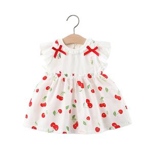 Robes pour filles à bas prix, robe de fête en mousseline de soie sans manches à volants avec un motif cerise - Product Image 1