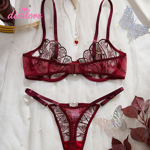 Dierlove Set di Lingerie di Lusso in <span class=keywords><strong>Pizzo</strong></span> Rosso Borgogna, Sexy, Esotico, Ricamato, Trasparente, Sensuale - Product Image 3
