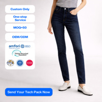 Celana Jeans Wanita OEM Custom High Waist Slim Fit Stretch Denim Skinny Straight Leg Panjang Ankle Kasual Fashion Warna Biru Tua