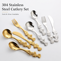 Ensemble de couverts occidentaux en acier inoxydable 304 avec poignée gaufrée motif dessin animé, cuillère, fourchette, couteau, doré et argenté, pour desserts, idéal comme cadeau