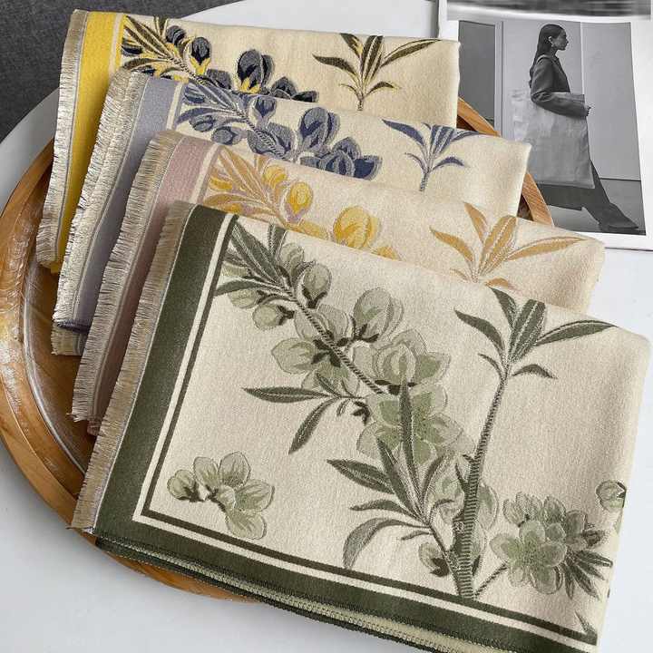 Winter Elegant Plum Blossoms Printed Soft Head Scarf Women's Double