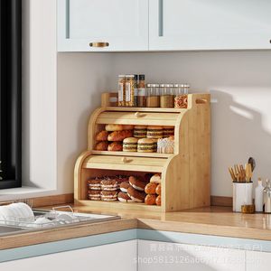 Senle Bamboo Double Layer Bread Box With Handle Kitchen Countertop Pastry Storage Container Condiment Shelf Natural Wood Color - Product Image 4