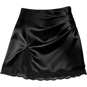 FOXA Women's Satin Mini Skirt High Waist Ruched Lace Trim <b>Asymmetrical</b> Bodycon Party Skirt - Product Image 1