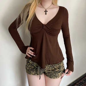 Women’s <b>Brown</b> <b>Long</b> <b>Sleeve</b> Knotted Front <b>Top</b> Slim Fit Soft Stretch Deep V Neck Casual Elegant Basic Tee Shirt - Product Image 5