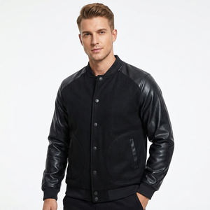 Blouson universitaire noir pour homme, manches en toile, boutons dissimulés, col mandarin, coupe ajustée, style urbain, collection hiver 2027 - Product Image 1