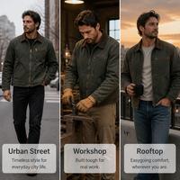Veste de travail pour homme en toile de canard épaisse délavée style vintage, col en velours côtelé, fermeture éclair en laiton, poignets à boutons-pression, poche poitrine, taille ajustable, streetwear