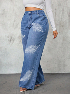 Jean en denim élastique taille haute décontracté pour femme grande taille, coupe large, couleur unie, respirant, écologique, séchage rapide, collection 2025 - Product Image 4