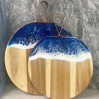 Gadgets Innovants 2026 Planche à découper multifonctionnelle en résine et bois d'acacia, forme ronde, motif vague océanique bleue, pour la cuisine