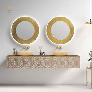 Meuble de salle de bain double vasque à prix d'usine, miroir LED, dessus en marbre, panneau en mélamine en acier inoxydable, motif carré, porte laquée, usage domestique - Product Image 2