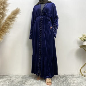 1857# Winter Velvet <b>Abaya</b> Grid Pattern Border Blue Warm Women Cardigan Fashion Kimono Kaftan <b>Abaya</b> - Product Image 4