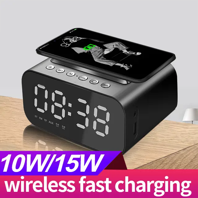 15W Wireless Charging Alarm Clock Preto Portátil Bluetooth Speaker Tamanho Pequeno Sons de Alta Qualidade Com Porta USB LED Time Show