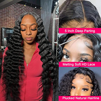 Perruque Lace Front HD Transparente 40 pouces, Cheveux Humains Vierges Indiens Ondulés Profonds, Base en Dentelle Sans Colle, Double Tissage, Couleur Naturelle