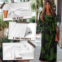 Robe longue grande taille noire à motif feuilles vertes, col en V, manches 3/4, pour femme, décontractée, été, idéale pour les fêtes - Nouvelle collection, best-seller