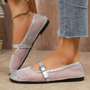 Zapatos Planos Mary Jane de Malla Calada para Verano con Correa Ajustable de Hebilla Metálica, Puntera Plateada con Diseño de Retazos, Transpirables, para Caminar, OEM ODM - Product Image 3