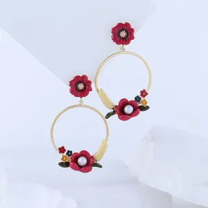 Boucles d'oreilles en émail avec fleur pressée, bijoux sans nickel, boucles d'oreilles rondes avec fleur et feuille pour femmes