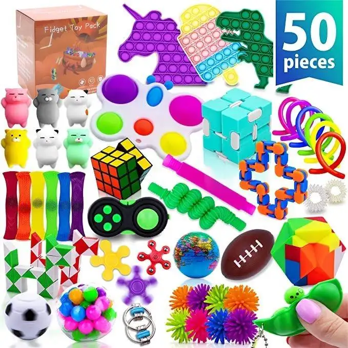 50pcs Fidget Toys Set Pop Party Favors Squeeze Fidgets Toy Pack Autism Sensory Travel Toy Autistic Toddlers Kids Gift