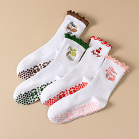Chaussettes de sport en coton pour femmes, mi-mollet, brodées, avec bordure en dentelle, antidérapantes, pour le yoga et le Pilates