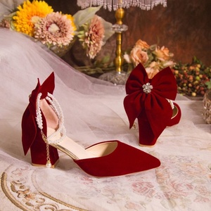 2026 New Style Red Wedding Shoes for Women Pointed Toe <b>Block</b> Heel Pumps with Bow & Pearl Comfortable All-Day Wear - Product Image 1