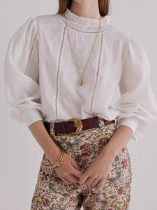 Blusa Blanca de Estilo Francés, Tejida, con Cuello Alto, Bordada, Elegante, Corte Regular, Primavera, ODM, Versátil, para Mujer - Product Image 4