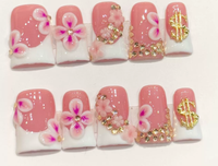 Faux ongles à presser carrés en acrylique faits main, motif floral 3D et fruits d'été, style French, forme cercueil moyenne, pour nail art et salon