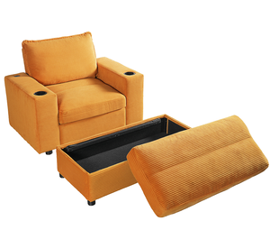 Modern Oversized Chaise Lounge Chair with <b>Storage</b> Ottoman Corduroy Sofa Bed for Living Room with Cup Holders & USB Charging Port - Product Image 2