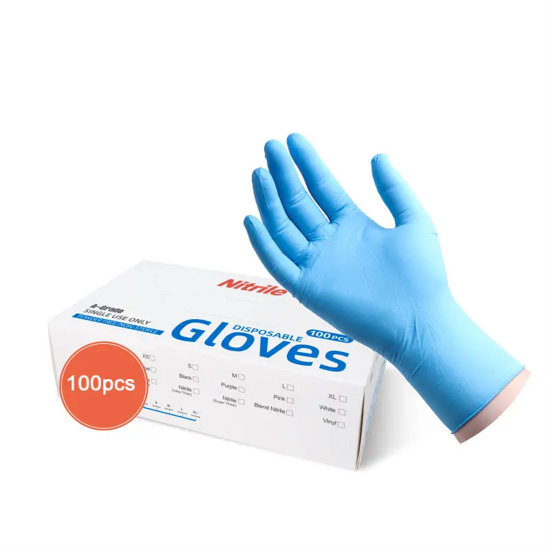 OEM ODM Guantes desechables de nitrilo azul de alta elasticidad sin polvo Inglés Protección de alimentos Guantes de nitrilo de látex de goma de nitrilo